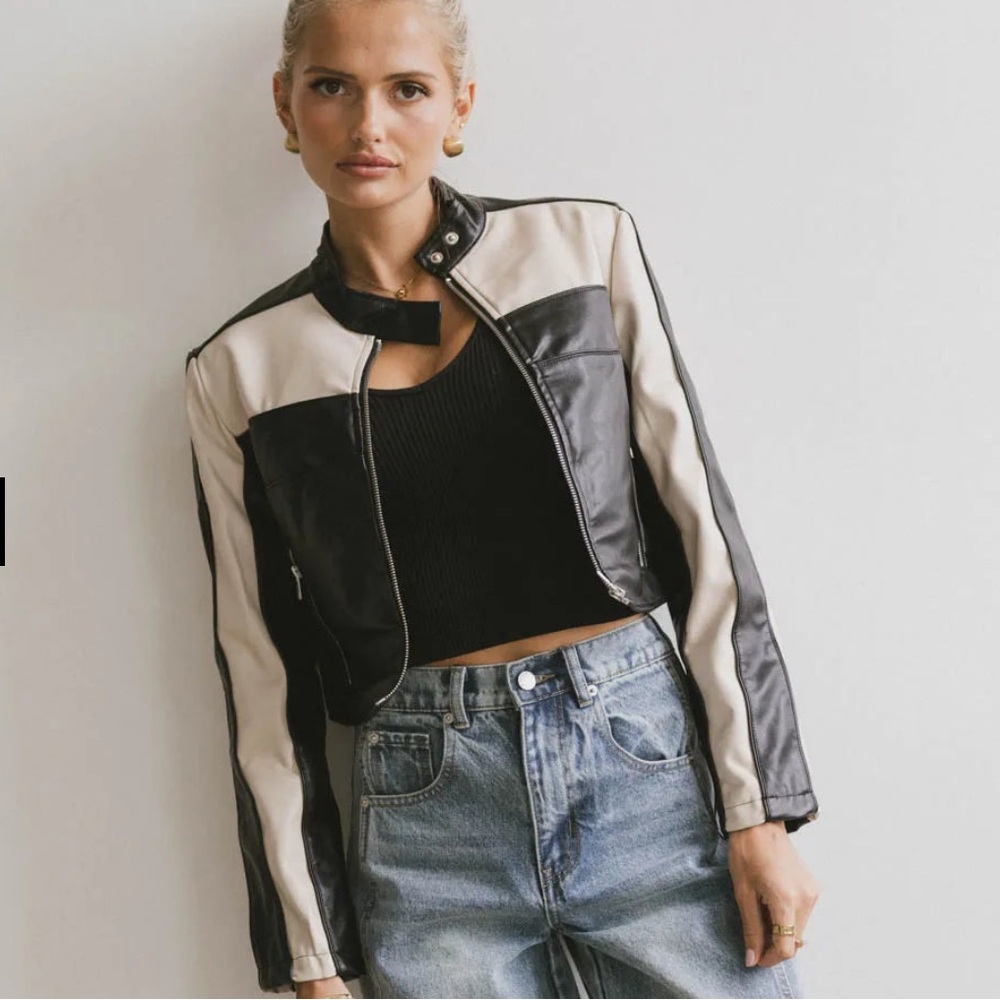 Vegan Cropped Faux Leather Black & Cream Jacket